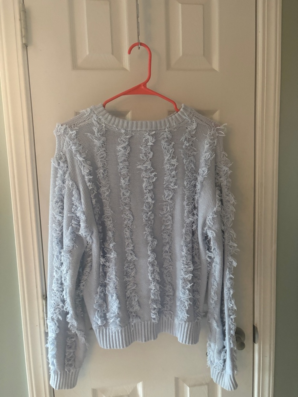 DKNY Light Blue Fringe-Trim Crewneck Sweater
